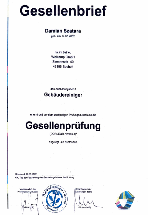 Gesellenqualifikation Gebäudereiniger Gesellenbrief Gebäudereiniger – Qualifikation des Inhabers