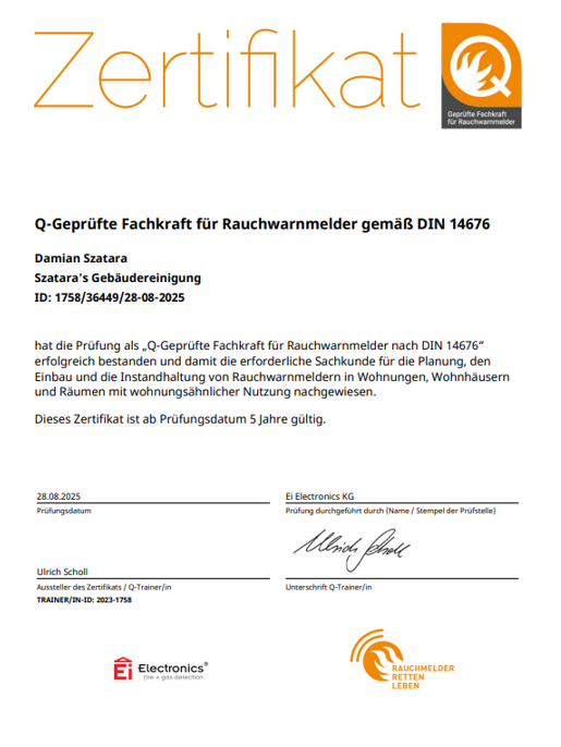 Zertifizierung Rauchwarnmelder-Service Zertifikat Rauchwarnmelder-Service für Gebäudereinigung